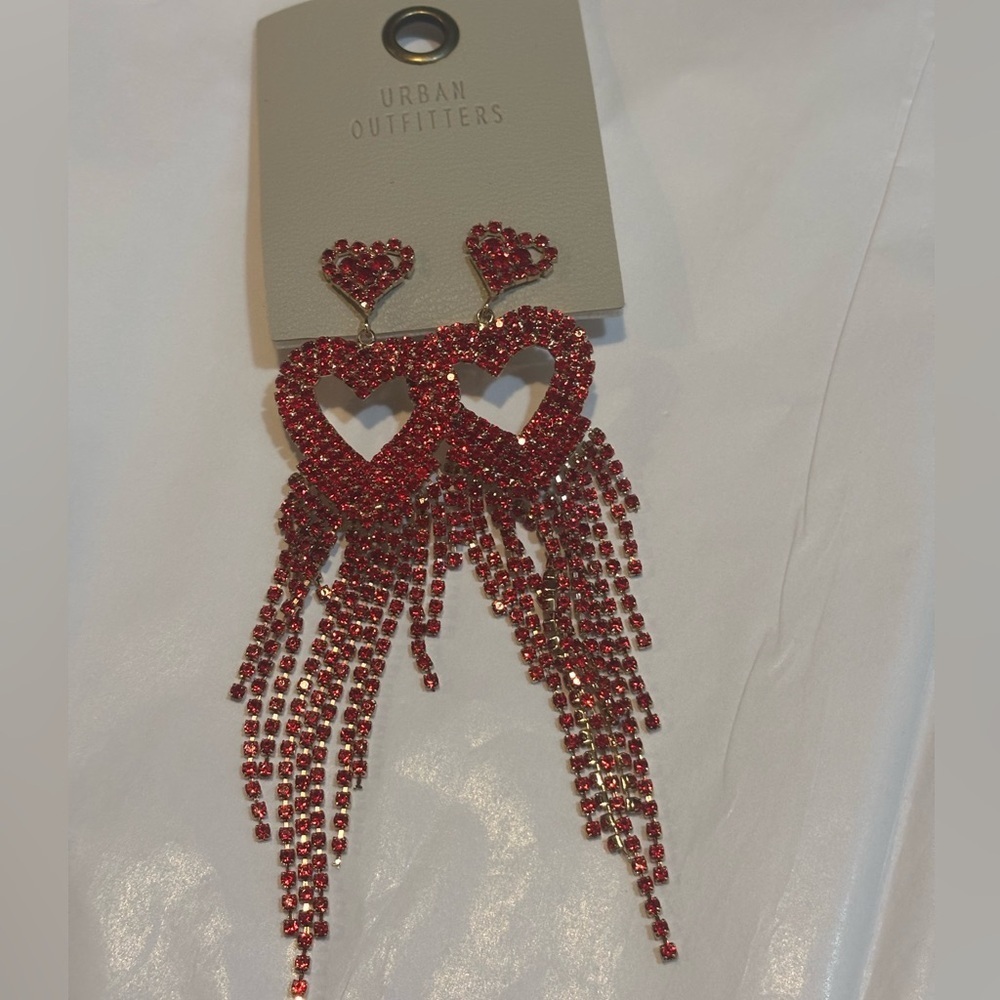 Urban Outfitters Rhinestone Heart Fringe Earrings NWT